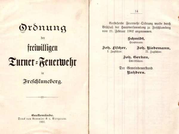 Ordnung der Turnerfeuerwehr Freschluneberg 1902